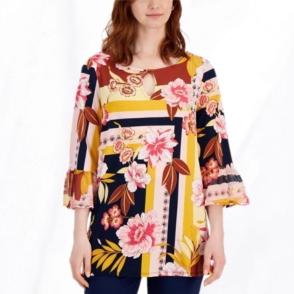 JM Collections Floral Bell Sleeve Tunic Top